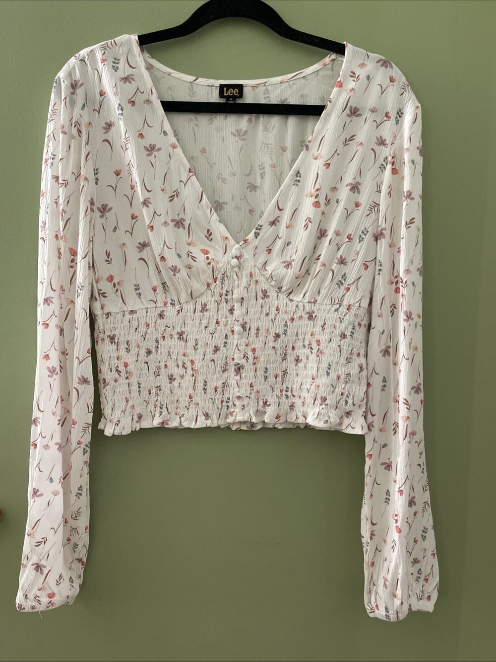 Lee Smocked Top Womens M Muted Floral V-Neck Cropped Cottage Core Festival New
